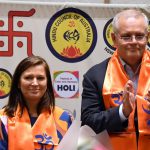 Scott Morrison and Anthony Albanese pictured wearing scarves bearing symbol used by Hindu ultra-nationalist group VHP India